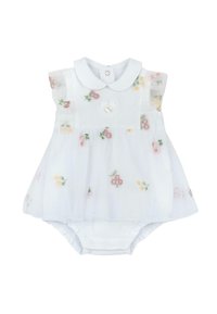 Robe-couverture blanche pour bébé avec col Peter Pan, manches en tulle floral volantes, fleurs brodées roses et jaunes, et un petit nœud sur la poitrine.
