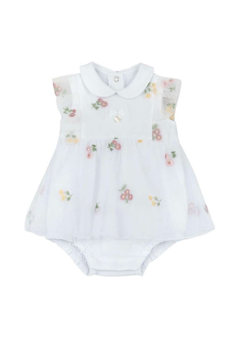 Robe-couverture blanche pour bébé avec col Peter Pan, manches en tulle floral volantes, fleurs brodées roses et jaunes, et un petit nœud sur la poitrine.