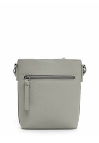 Borsa a tracolla in pelle grigia con superficie testurizzata, dotata di una tasca frontale con zip e di un manico corto. Forma rettangolare compatta.