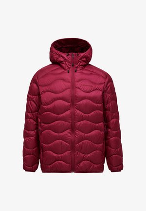 Red quilted hooded jacket with full front zipper and subtle wave pattern stitching on insulated fabric.
