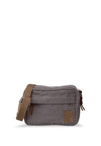 Sac bandoulière en toile grise avec un accent en cuir et une sangle, doté d'une fermeture zippée et d'une poche avant. Forme rectangulaire compacte.