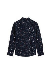 Mornarska bluzica z dolgimi rokavi, ki ima cvetlični in geometrijski vzorec v rdeči, beli in zeleni barvi. Zaklepanje spredaj s gumbi in podrobnost o ovratniku.