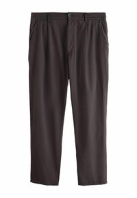 Dunkelbraune Hose mit geradem Bein, Seitentaschen, Gürtelschlaufen, Knopfverschluss und sichtbaren Frontnähten.