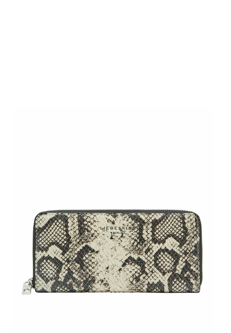 Prostokątny portfel z czarnej i beżowej skóry w wężowy wzór, z zamkiem błyskawicznym i wytłoczonym logo marki z przodu.