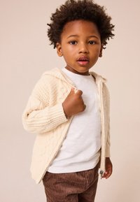 Cárdigan de punto crema con un patrón texturizado, cierre de cremallera y capucha, usado sobre una camisa blanca y pantalones de pana marrones.