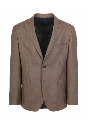 Bruin en beige kleine geruite blazer met inkeping revers, enkele knoopsluiting en drie voorzakken, gevoerd met zwarte stof.