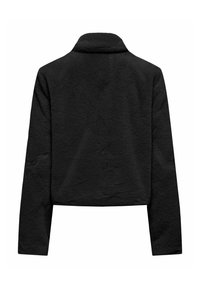 Veste polaire noire à manches longues avec col montant, vue de dos, présentant un tissu doux et texturé ainsi qu'une coupe droite.