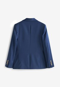 Marineblauwe blazer met een gepolijste pasvorm, enkele split en drie knoopaccenten op elke manchette. Gladde stof met een gestructureerd ontwerp.