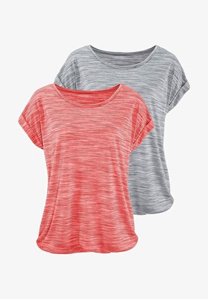 Two short-sleeve shirts: one red with a textured, striped pattern and one gray with similar stripes. Both have a scoop neckline and relaxed fit.