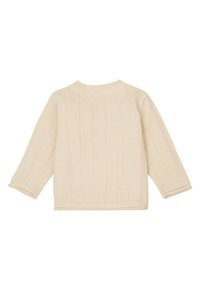 Cremefarbener, gestrickter Pullover mit geripptem Muster, langen Ärmeln und rundem Ausschnitt. Das Design bietet eine schlichte, nahtlose Verarbeitung.