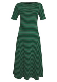 Grön och svart randig klänning med horisontella ränder, ärm till armbågen och en något utsvängd kjol.