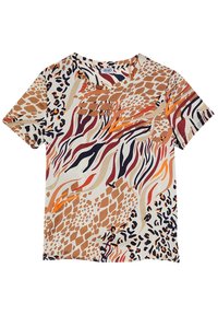 T-shirt a maniche corte in una miscela di beige, marrone e arancione con motivi astratti di stampa animale e scollatura rotonda. Tessuto morbido.
