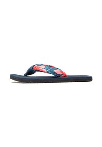 Chanclas con base azul marino y tira con estampado floral que presenta hojas rosas y verdes. Suela de goma con fondo texturizado para mayor agarre.