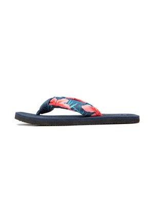 Flip-flop with a navy base and floral patterned strap featuring pink and green leaves. Rubber sole with textured bottom for grip.