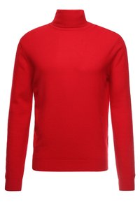 Roter Rollkragenpullover aus weichem Strickmaterial, mit langen Ärmeln und figurnaher Passform. Glatte Textur mit gerippten Bündchen und Saum.