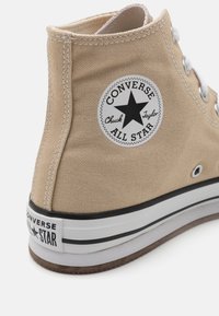 Béžové vysoké plátěné tenisky s černou hvězdou na patce, bílými očky a černobílou pruhovanou gumovou podrážkou.