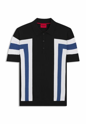 Black short-sleeve polo shirt with blue and white geometric stripes on front and sleeves, featuring a red HUGO label inside the collar.
