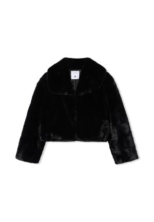 Czarna krótka kurtka z sztucznego futra z szerokim kołnierzem, długimi rękawami i miękką teksturą. Metka wewnątrz wskazuje rozmiar Mały.