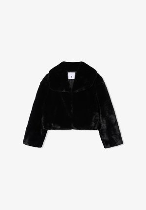 Czarna krótka kurtka z sztucznego futra z szerokim kołnierzem, długimi rękawami i miękką teksturą. Metka wewnątrz wskazuje rozmiar Mały.
