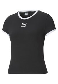 Czarny dopasowany t-shirt z bawełny, z białym prążkowanym wykończeniem przy dekolcie i rękawach, z białym logo Puma na przodzie.