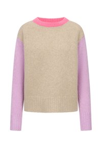 Gebreide trui met een beige lichaam, roze kraag en paarse mouwen. Geribbelde textuur met een relaxed fit en ronde hals.