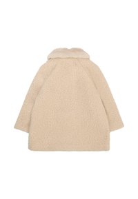 Giacca in pile beige con una texture morbida, caratterizzata da un ampio colletto e un design ampio e oversize. Maniche lunghe e taglio dritto.