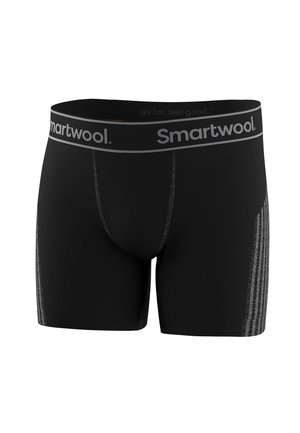 Černé boxerky Smartwool se šedým stehem a širokým pasem s logem Smartwool a šedými bočními pruhy.