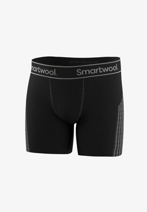 Černé boxerky Smartwool se šedým stehem a širokým pasem s logem Smartwool a šedými bočními pruhy.