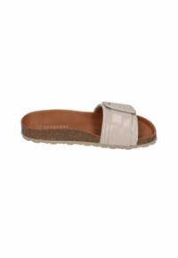 Light beige slide sandal with a glossy finish, a wide strap featuring a buckle, and a textured cork outsole for grip and comfort.