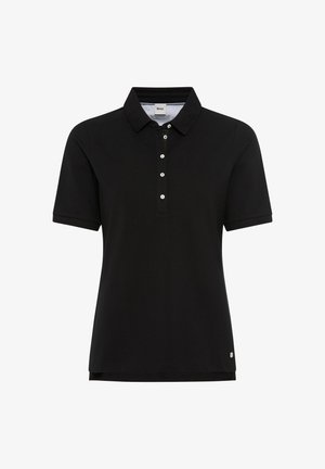 Polo noir en coton, avec un col, trois boutons blancs et des manches courtes. Design simple sans motifs.