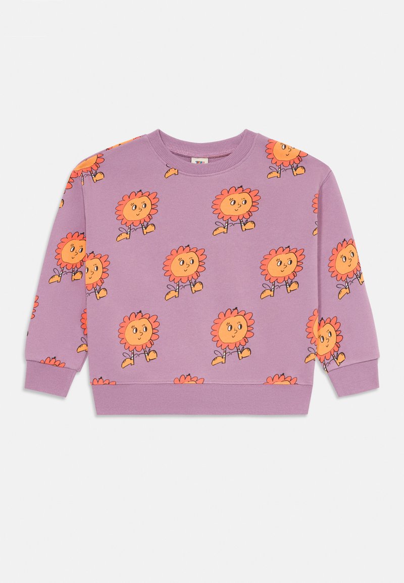 Sudadera morada de algodón, con un patrón de flores de dibujos animados naranjas sonrientes en toda su superficie, con mangas largas y puños acanalados.