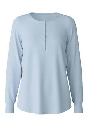 Lichtblauw langemouwen top van zacht materiaal, met een ronde halslijn, een vijfknopenlijst en geribde manchetten voor extra comfort.