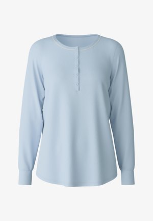 Helles blauer Langarmtop aus weichem Stoff, mit rundem Ausschnitt, einer Knopfleiste mit fünf Knöpfen und gerippten Bündchen für zusätzlichen Komfort.