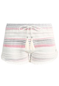 Gestreifte Badeshorts in Weiß, Pink und Marine mit einem Kordelzugbund, dekorativen Quasten und Pomponbesatz am Saum.
