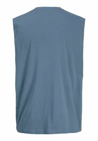 Μπλε βαμβακερό πουκάμισο χωρίς μανίκια, εμφανιζόμενο από πίσω, με στρογγυλή λαιμόκοψη και ίσια ραφή στο τελείωμα.