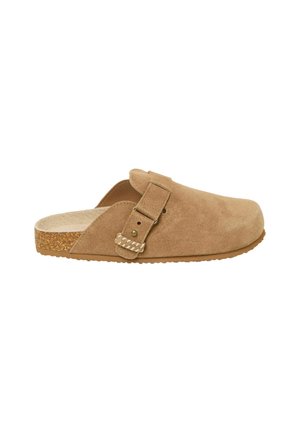 Brown suede clogs with a rounded toe, a side buckle strap, cork outsole, and textured insole. Stitched accents on the strap.