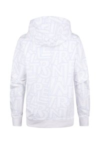Witte hoodie met een herhalend patroon van blauw omrandde tekst. Het ontwerp bevat een capuchon met trekkoorden en ribgebreide manchetten.
