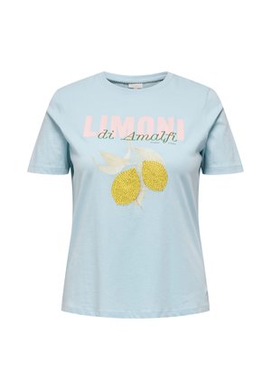 Lyseblå T-shirt med korte ærmer med teksten "LIMONI di Amalfi" og to gule citronillustrationer på forsiden.
