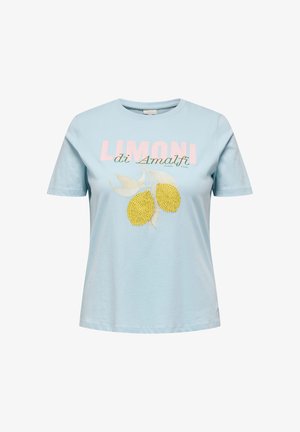 Hele sinise lühikeste varrukatega T-särk kirjaga „LIMONI di Amalfi“ ja kahe kollase sidrunipildiga ees.
