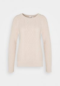 Pull en tricot beige avec un col rond, présentant un motif de câble texturé. Les manches longues et les bords côtelés offrent un aspect structuré.