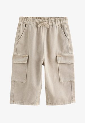 Beige knælange cargoshorts med elastisk talje, snøre foran, to sidelommer og to klaplomme på benene.