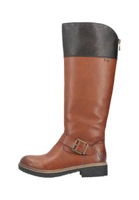 Botte en cuir marron hauteur genou avec un col en cuir noir, dotée d'une fermeture éclair sur le côté, d'une sangle décorative avec une boucle et d'une semelle texturée.