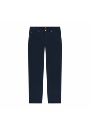 Pantaloni in cotone blu navy con un design a gamba dritta, dotati di chiusura con bottone, cinque tasche e dettagli di cucitura discreti.