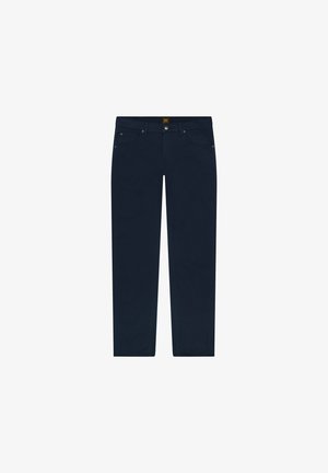 Pantalones de algodón azul marino con un diseño de pierna recta, que cuentan con un cierre de botón, cinco bolsillos y sutiles detalles de costura.