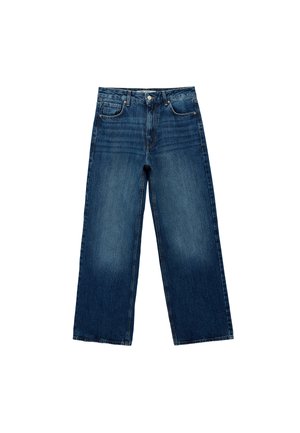 Blauwe denim jeans met wijde pijpen, voorzakken, riemlussen en vervaagde wasdetails op de dijen en knieën.