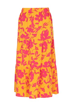 Fustă florală galbenă cu un model roz strălucitor, talie elastică, design stratificat și un material moale, ușor.