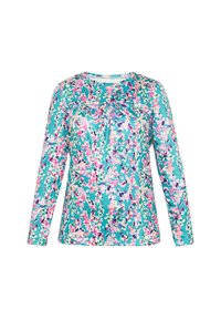 Langærmet bluse i turkise nuancer med et blomstermønster, der fremhæver pink, lilla og grønne detaljer. Blød stof med rynket halsudskæring.