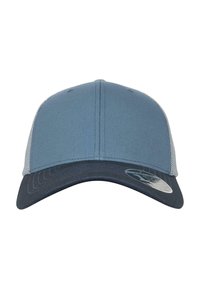 Blå caps med solid front og kontrastfarget mørk visir. Mesh-sider, flat søm og en logosticker på skyggen.