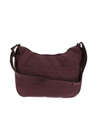 Sac à épaule texturé rouge foncé avec une sangle ajustable et une fermeture éclair, conçu pour un usage décontracté ou pour les voyages.