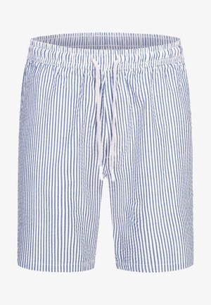 Rutet badeshorts laget av lett materiale, med vertikale blå og hvite striper, elastisk midje og snøring.